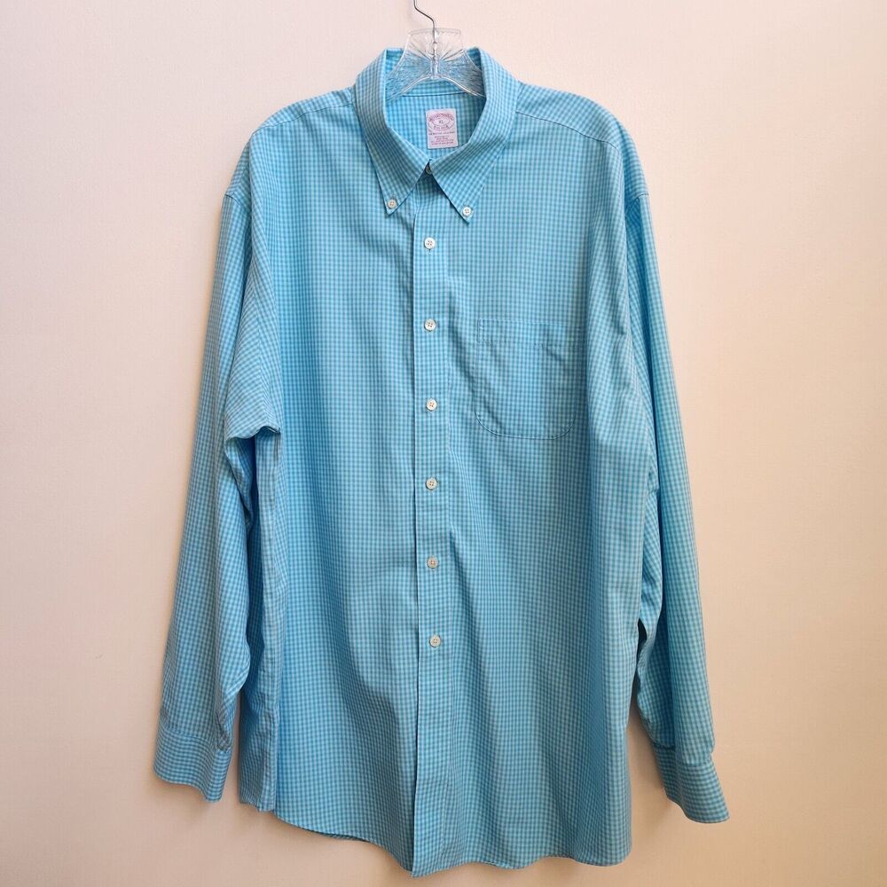 Brooks Brothers Shirt XLarge Mens Turquoise Check Casual Button Up Long Sleeve